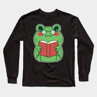 Kawaii Frog Reading a Book Cute Toad Lover Long Sleeve T-Shirt